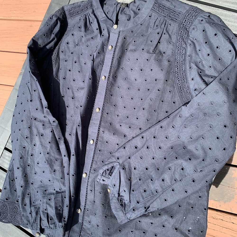 J. Crew Black Eyelet Button Down Shirt with Black Lace Detailing